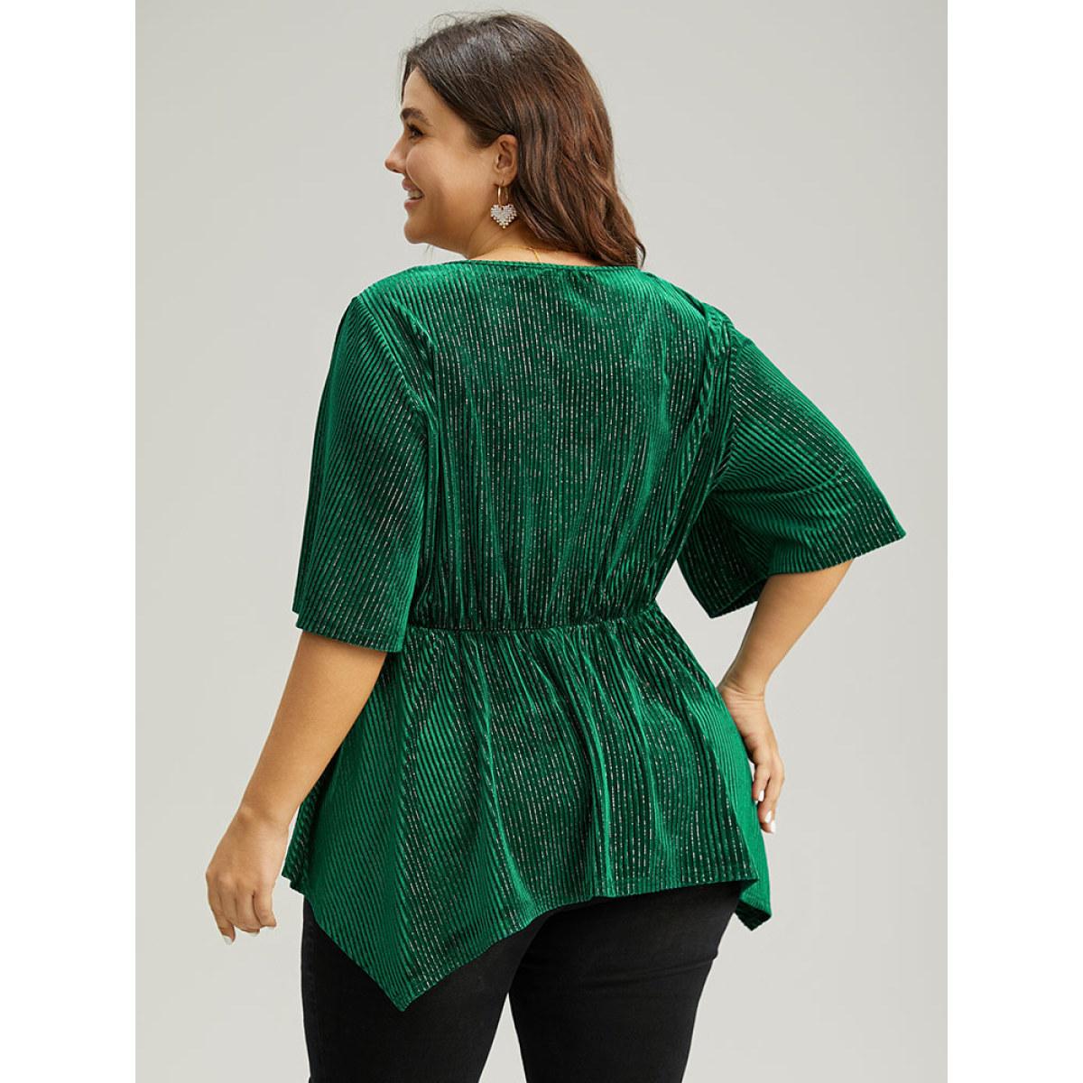 Plus Size DarkGreen Velvet Elastic Waist Ruffle Sleeve Hanky Hem Blouse Women Glamour Short sleeve V-neck Festival-Christmas Blouses BloomChic 18-20/2X Product Image