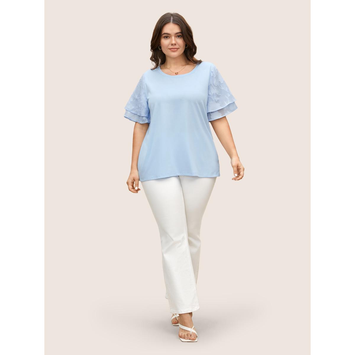 Plus Size Mesh Patchwork Tiered Ruffle Sleeve T-shirt LightBlue Women Elegant Patchwork Round Neck Everyday T-shirts BloomChic 12/L Product Image