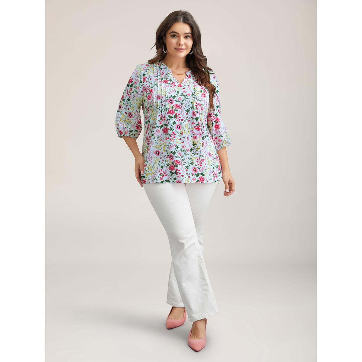 Plus Size LightBlue Floral Print Notched Collar Shirt Women Timeless Elbow-length sleeve Notched collar Elegant Blouses BloomChic 14-16/1X Product Image