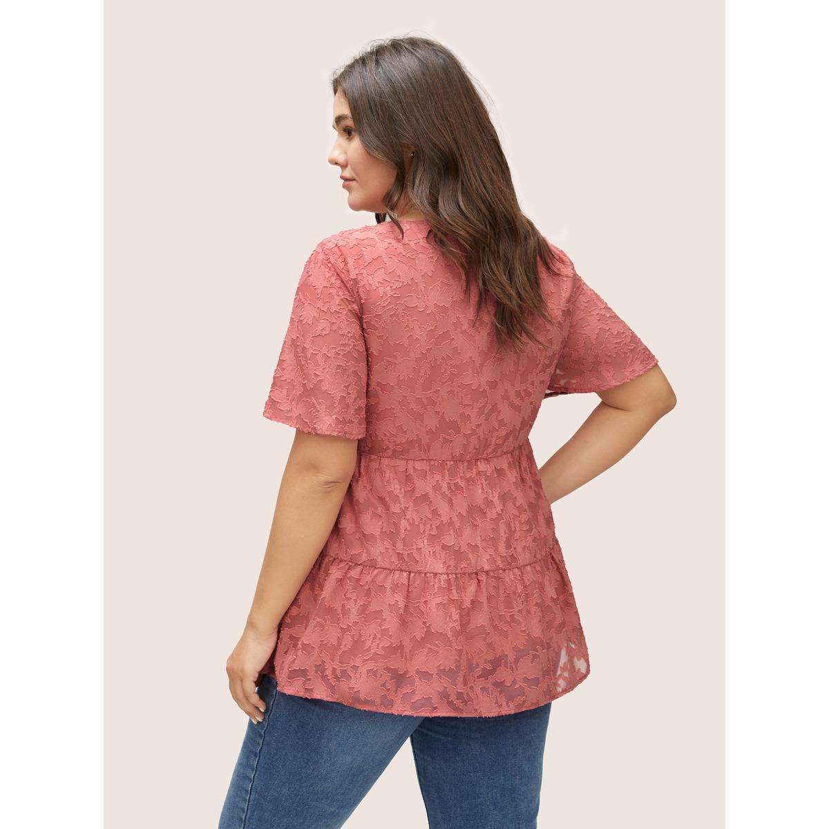 Plus Size DustyPink Chiffon Plisse Tiered Hem Ruffle Sleeve Blouse Women Elegant Short sleeve Square Neck Everyday Blouses BloomChic 10/M Product Image