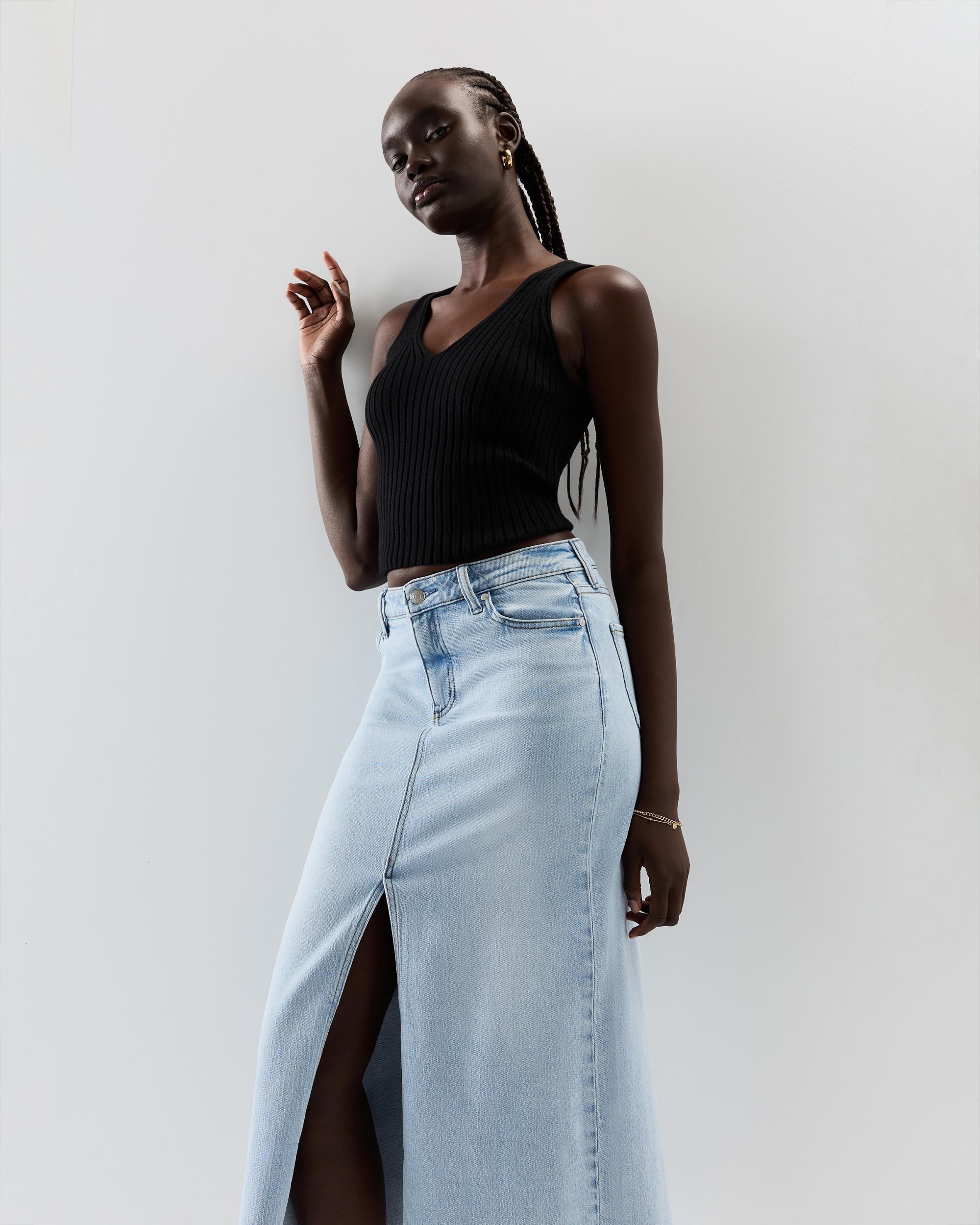 Quince | Women's Stretch Denim 5-Pocket Midi Skirt Organic Cotton Product Image