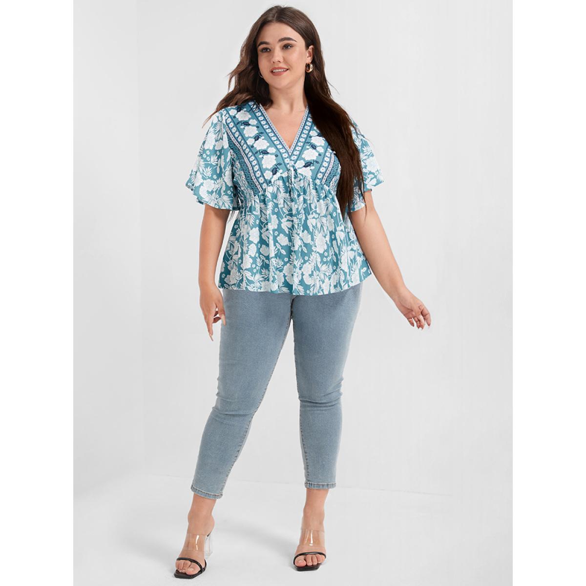 Plus Size LightBlue Floral Print Ties Ruffled Babydoll V Neck Blouse Women Vacation Short sleeve V-neck Dailywear Blouses BloomChic 22-24/3X Product Image