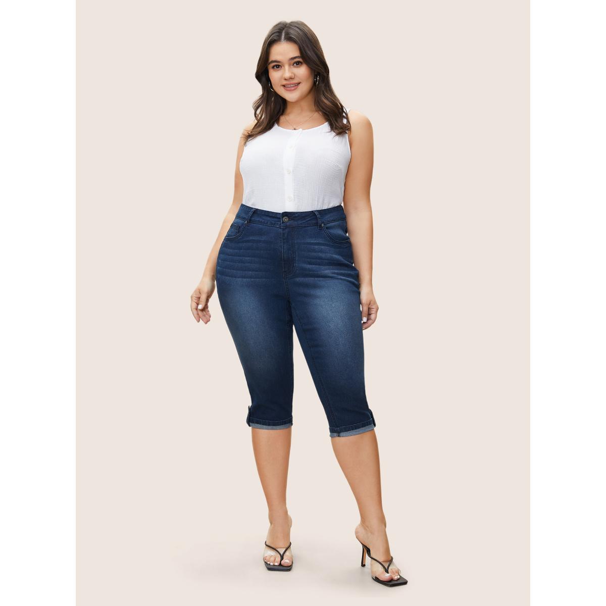 Plus Size Plain Roll Hem Skinny Cropped Jeans Women Indigo Casual Plain Non High stretch Slanted pocket Jeans BloomChic 14/1X Product Image