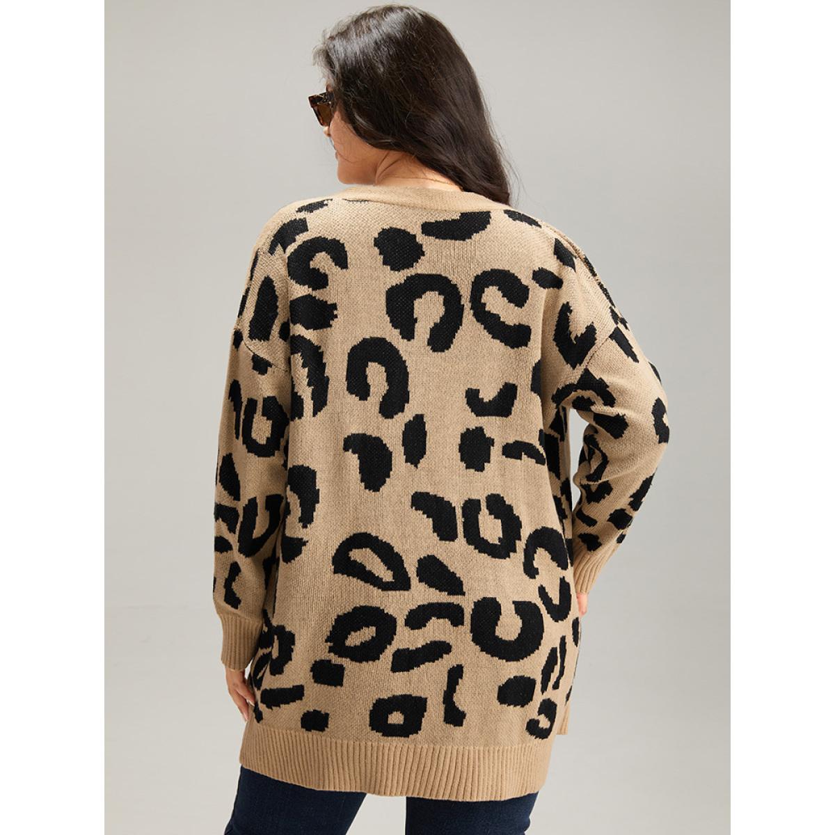 Plus Size Leopard Elastic Cuffs Drop Shoulder Cardigan Leopard Women Casual Loose Long Sleeve Everyday Cardigans BloomChic 22-24/3X Product Image