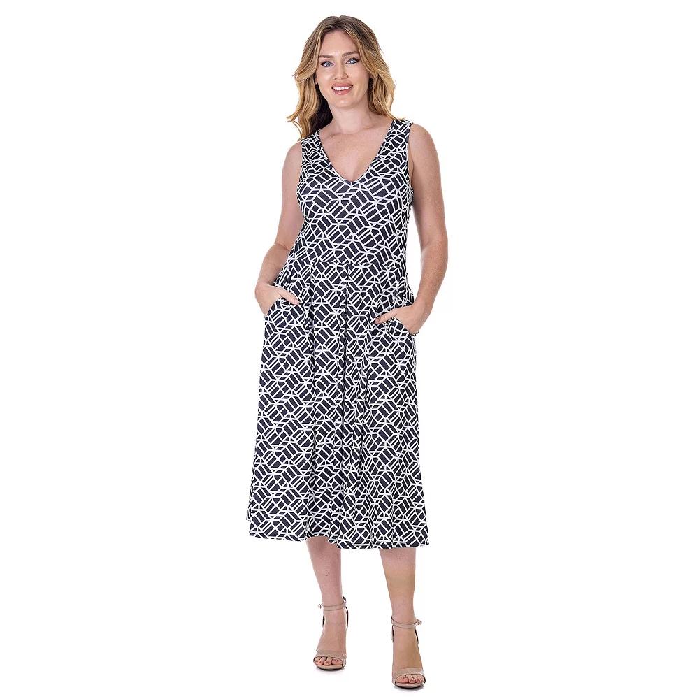 Women's 24Seven Comfort Apparel Midi Length Geo Print Sleeveless Pleated Pocket Dress, Size: Large, Black Team Product Image