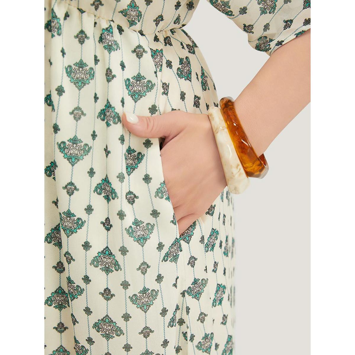 Plus Size Bandana Dolman Sleeve Pocket Cold Shoulder Split Dress Ivory Women Vacation Stand-up collar Half Sleeve Curvy Midi Dress BloomChic 28/5X Product Image