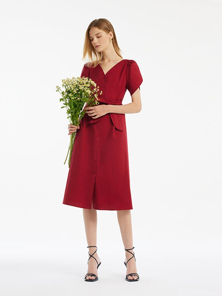 Petal Sleeves Gathered Waist V-Neck Women Midi Dress With Belt Product Image