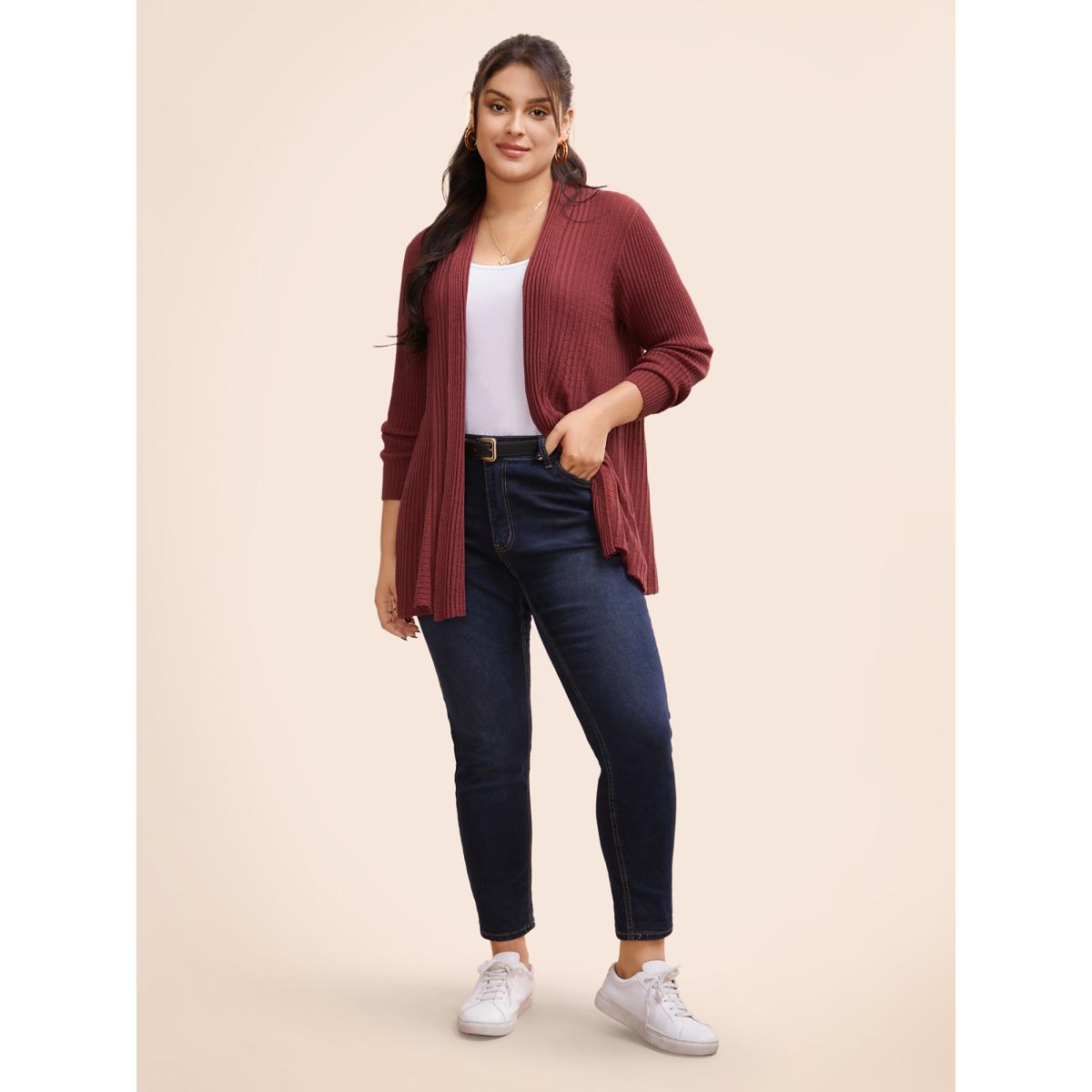 Plus Size Solid Textured Kimono Collar Cardigan Russet Women Casual Loose Long Sleeve Everyday Cardigans BloomChic 12/L Product Image