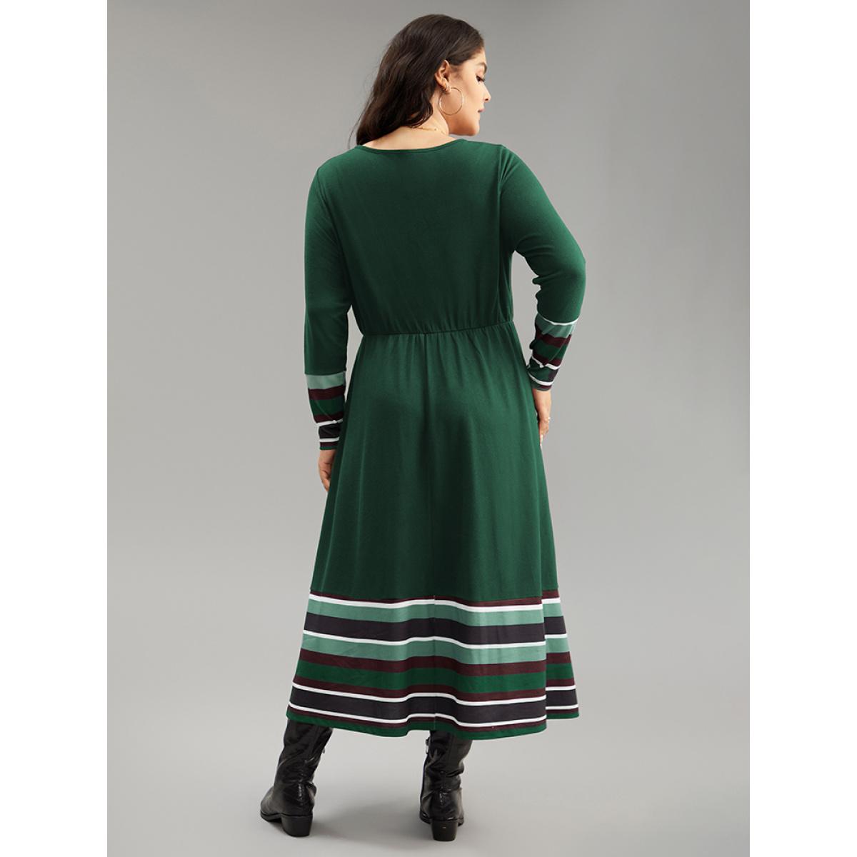 Plus Size Striped Patchwork Contrast Crew Neck Dress DarkGreen Women Casual Contrast Round Neck Long Sleeve Curvy Midi Dress BloomChic 12/L Product Image