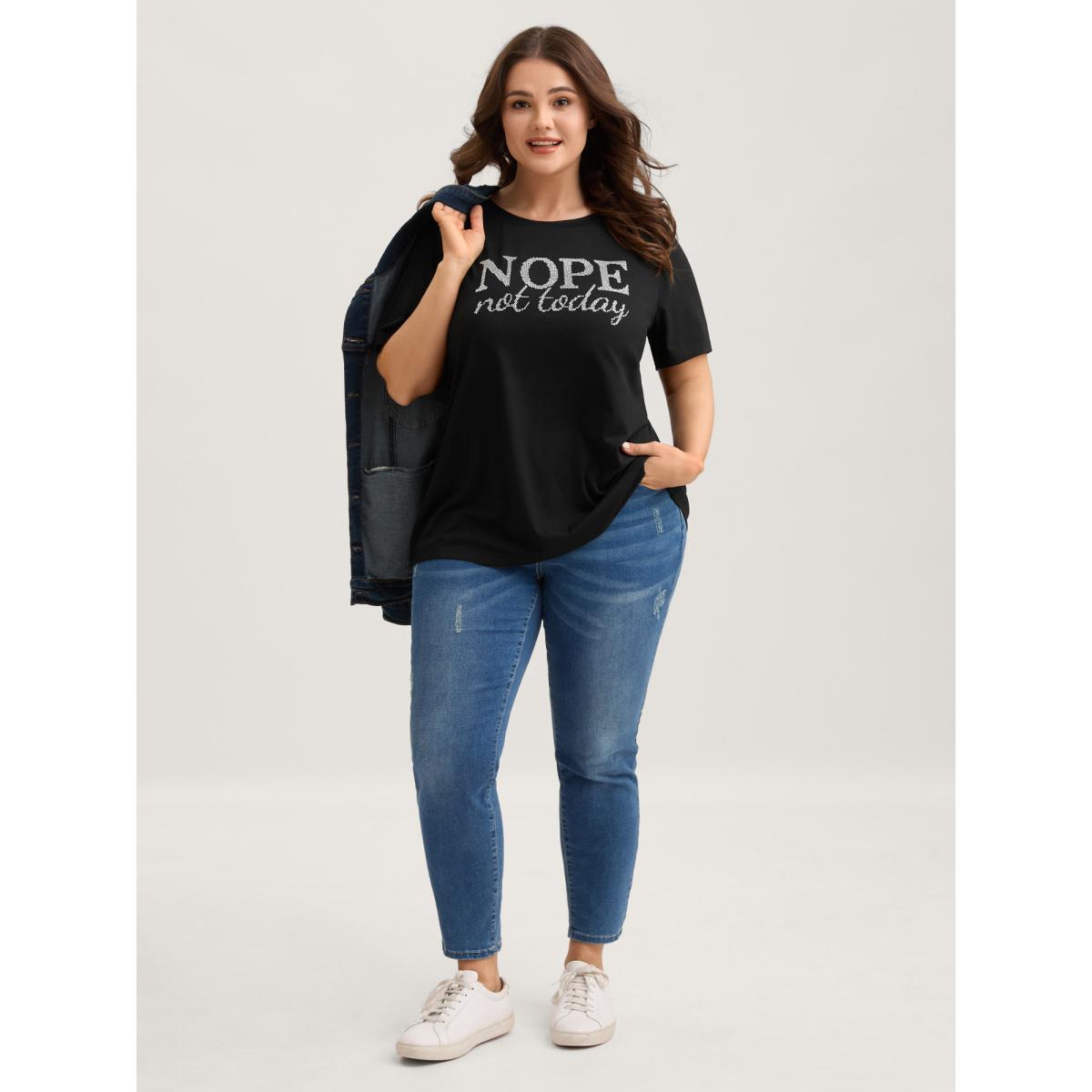 Plus Size Nope Not Today Print Rhinestone Round Neck T-Shirt Black Women Casual Rhinestone detailing Round Neck Everyday T-shirts BloomChic 10/M Product Image