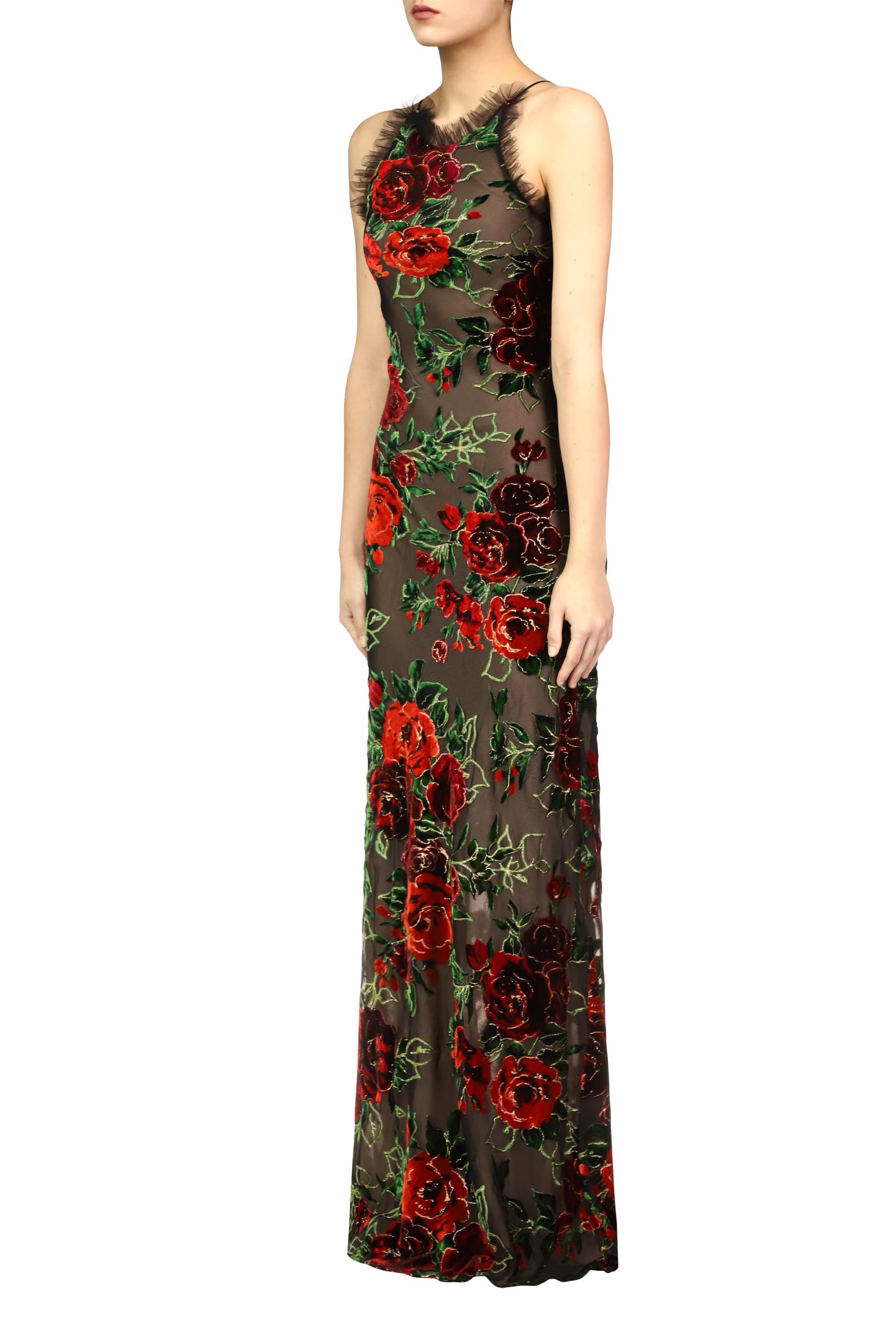 Floral Velvet Devoré Halter Gown With Tulle Detail Product Image