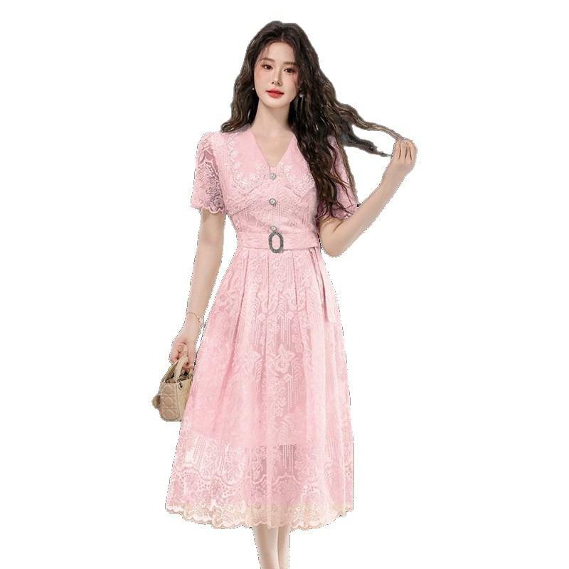 Short Sleeve V-Neck Plain Embroidered Belted Button Midi A-Line Dress Product Image