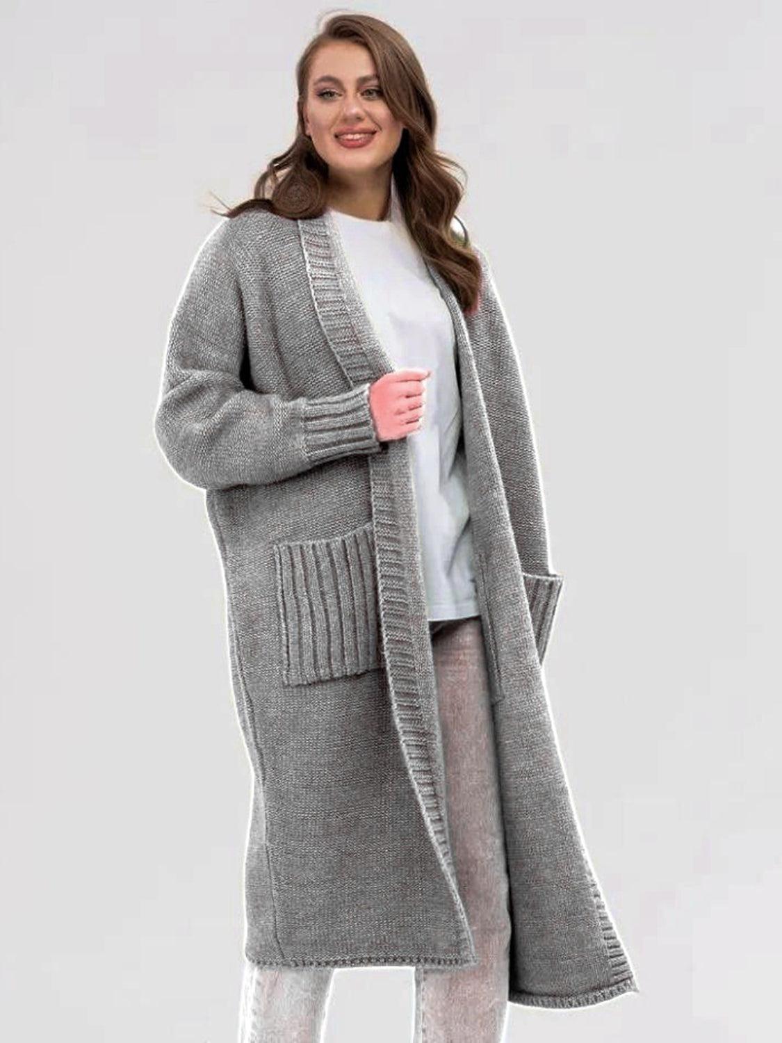 Pocketed Open Front Long Sleeve Longline Cardigan Product Image