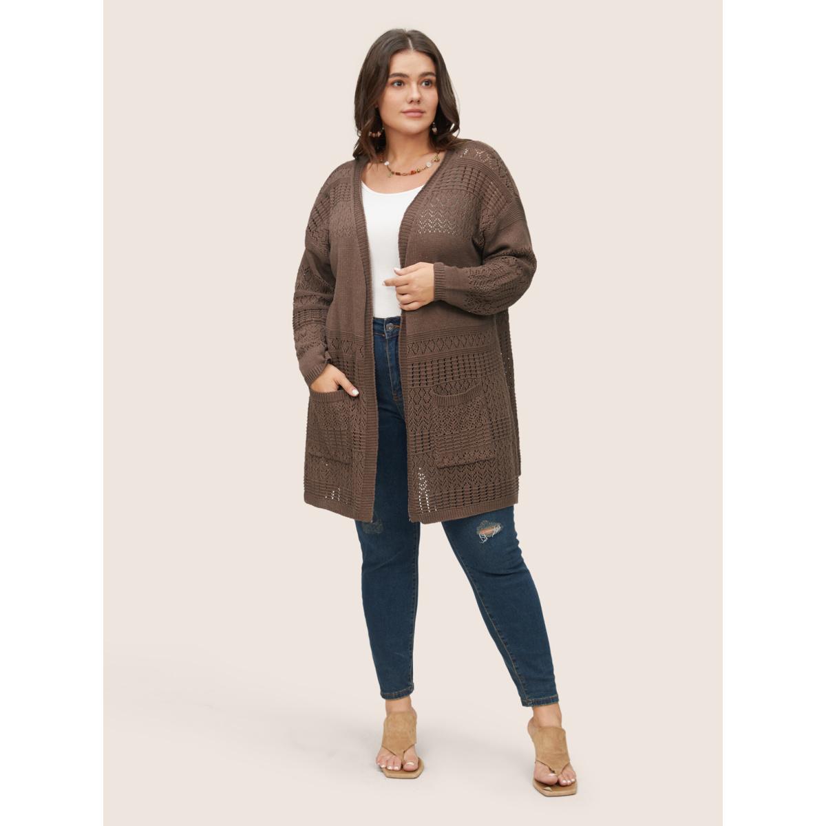 Plus Size Solid Geometric Hollow Out Pocket Cardigan DarkBrown Women Casual Long Sleeve Everyday Cardigans BloomChic 18-20/2X Product Image