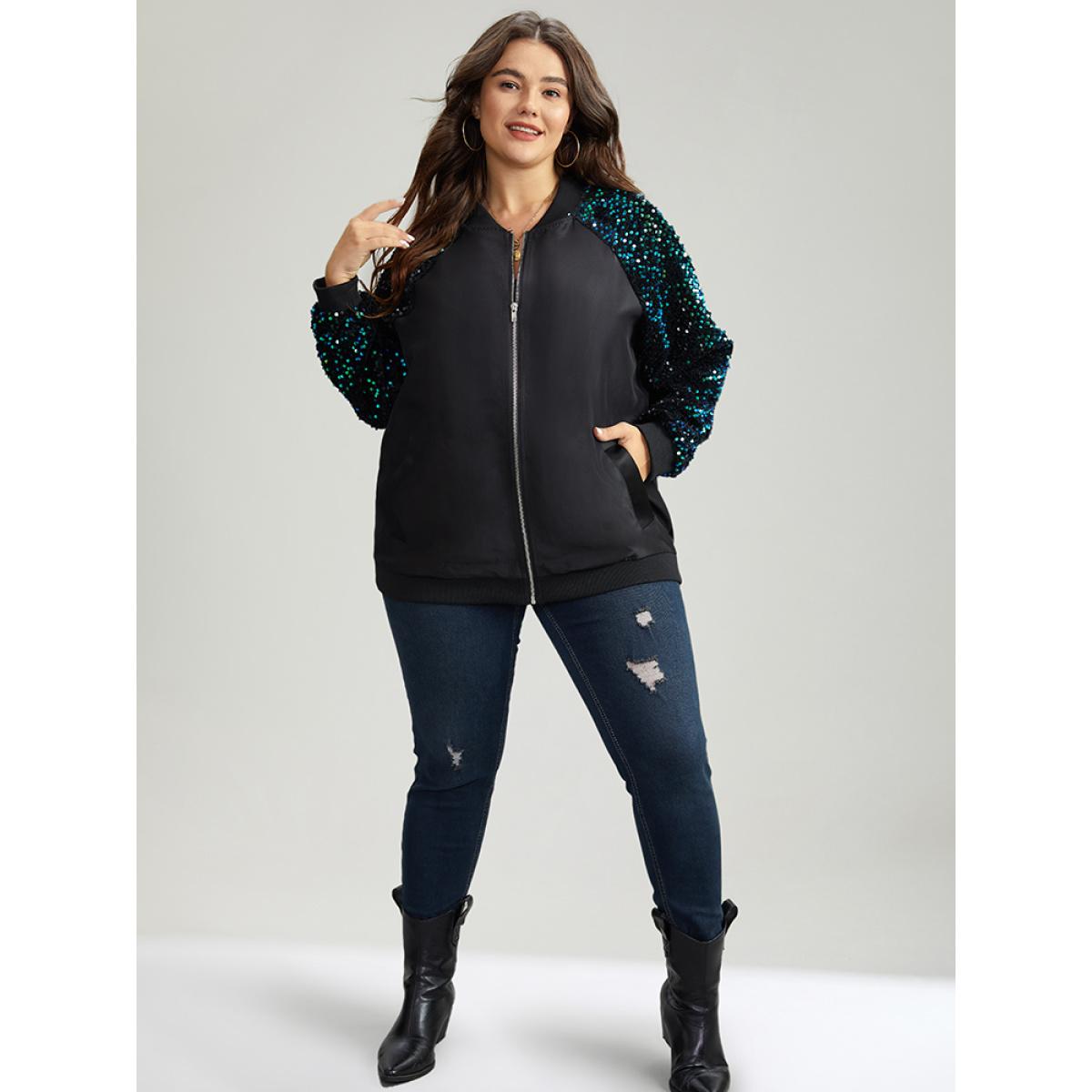 Plus Size Sequin Detail Patchwork Pocket Jacket Women Black Elastic cuffs Pocket Dailywear Jackets BloomChic 30/6X Product Image