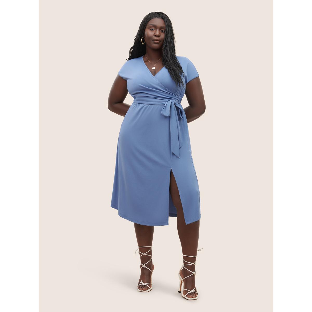 Plus Size Solid Ties Wrap Dolman Sleeve Split Side Dress Stone Women Basics Non Overlap Collar Cap Sleeve Curvy Midi Dress BloomChic 26/4X Product Image