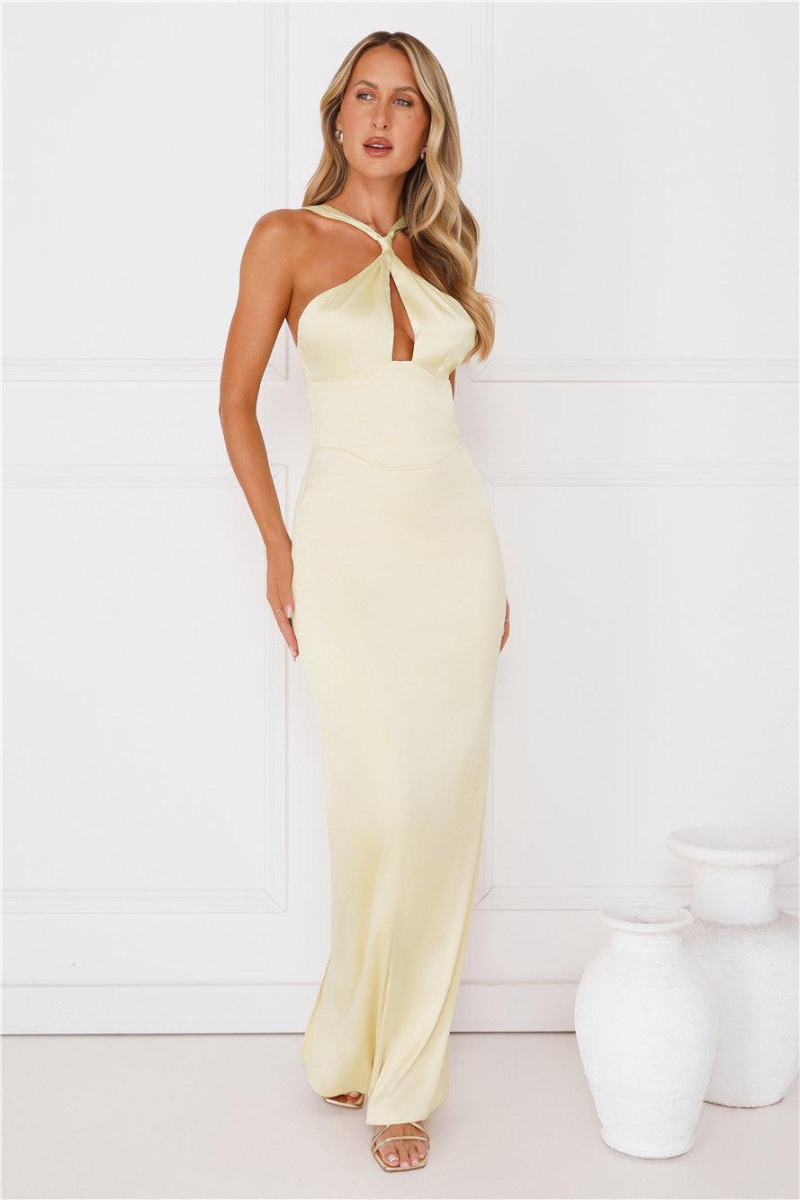 Diamond Elegance Satin Maxi Dress Yellow Product Image