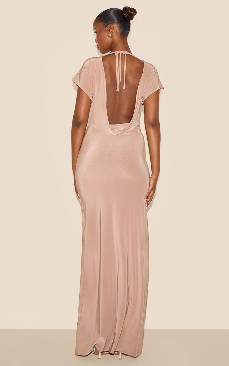 Beige Double Layered Slinky Ruched Short Sleeve Maxi Dress Product Image