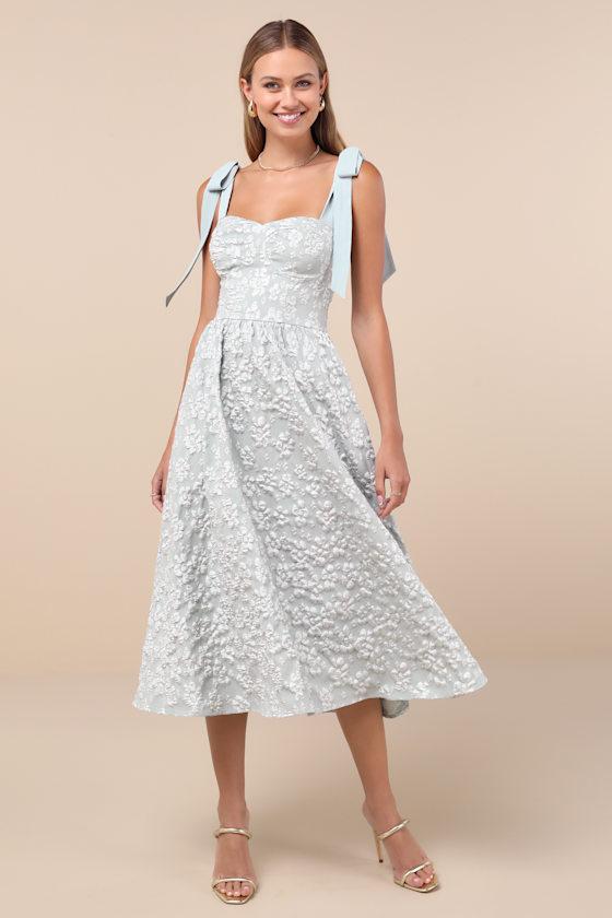 Bubbly Bliss Sage Green Jacquard Bustier Tie-Strap Midi Dress Product Image