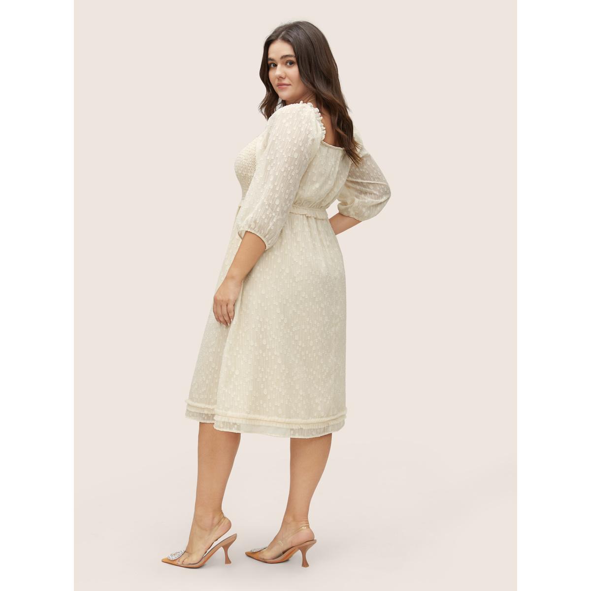 Plus Size Chiffon Shirred Mesh Frill Trim Pocket Dress Apricot Women Elegant Elastic cuffs Square Neck Long Sleeve Curvy Knee Dress BloomChic 10/M Product Image
