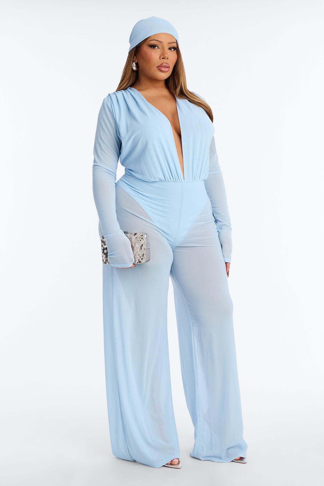 Sara Plunge Neck Jumpsuit And Headscarf 2 Piece Set - Light Blue Female Product Image