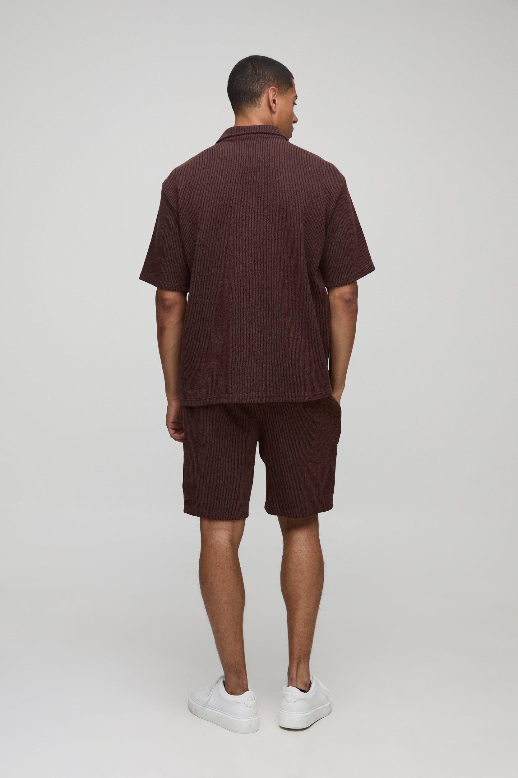 Oversized Two-Tone Ribbed Jersey Concealed Placket Shirt & Relaxed Short | boohooMAN USA Product Image