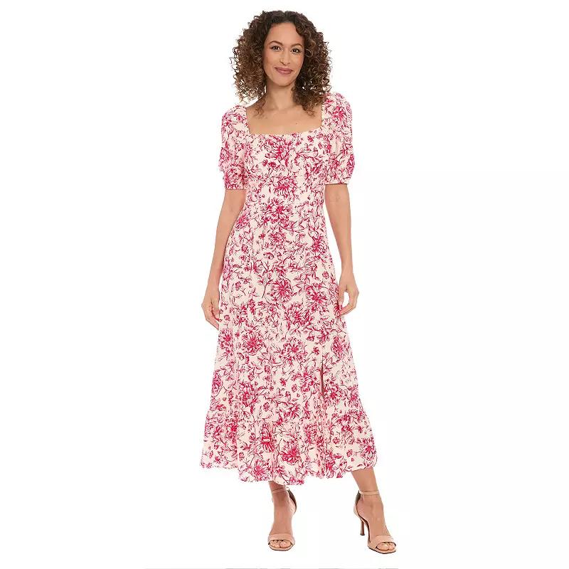 Women's London Times Floral Squareneck Puff Sleeve Empire Waist Midi Dress, Size: 8, Ivory Red Product Image