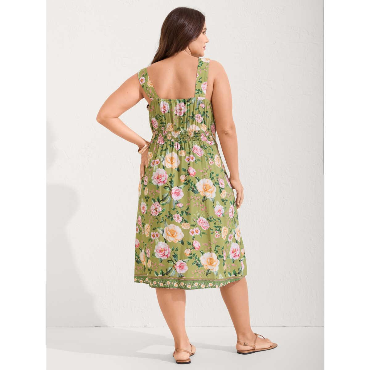 Plus Size Rayon Floral Shirred Pockets Midi Dress Moss Women V-neck Sleeveless Curvy BloomChic 14-16/1X Product Image