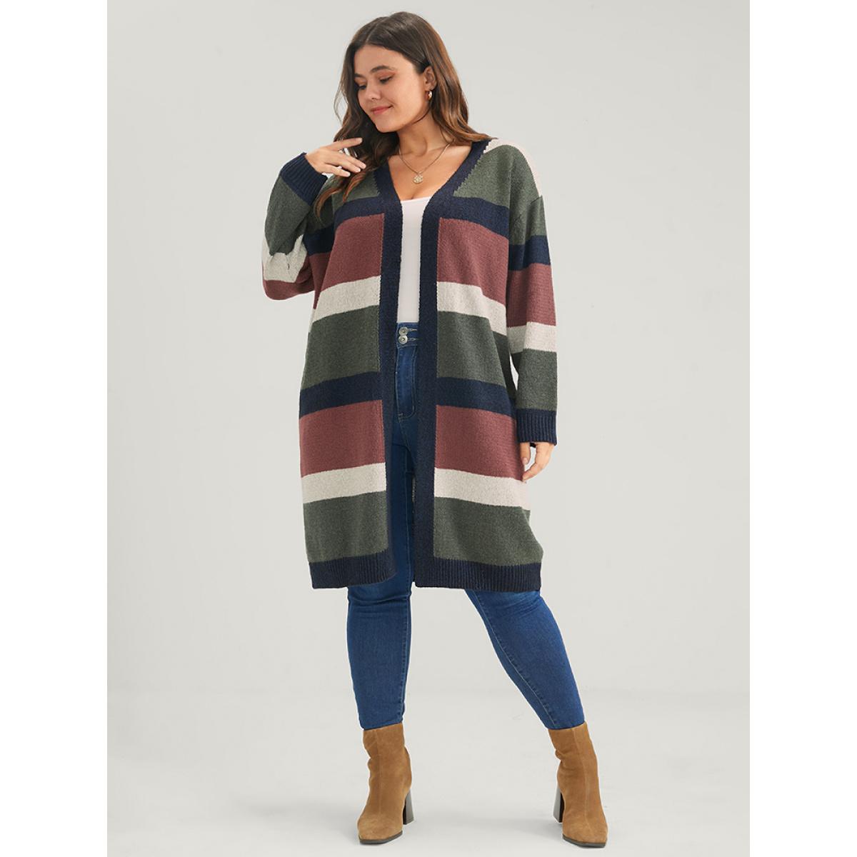 Plus Size Colorblock Contrast Pointelle Knit Heather Open Front Long Cardigan Multicolor Women Casual Loose Long Sleeve Dailywear Cardigans BloomChic 30/6X Product Image