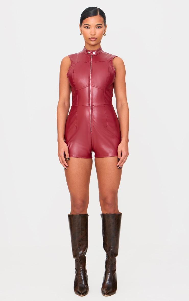 Burgundy Faux Leather Zip Up Sleeveless Romper Product Image