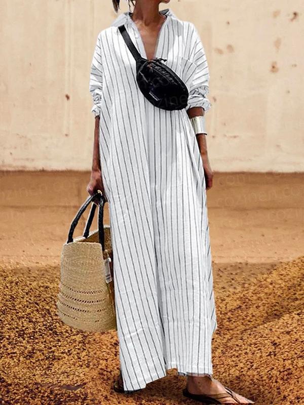 Long Sleeves Striped Lapel Maxi Dresses Product Image