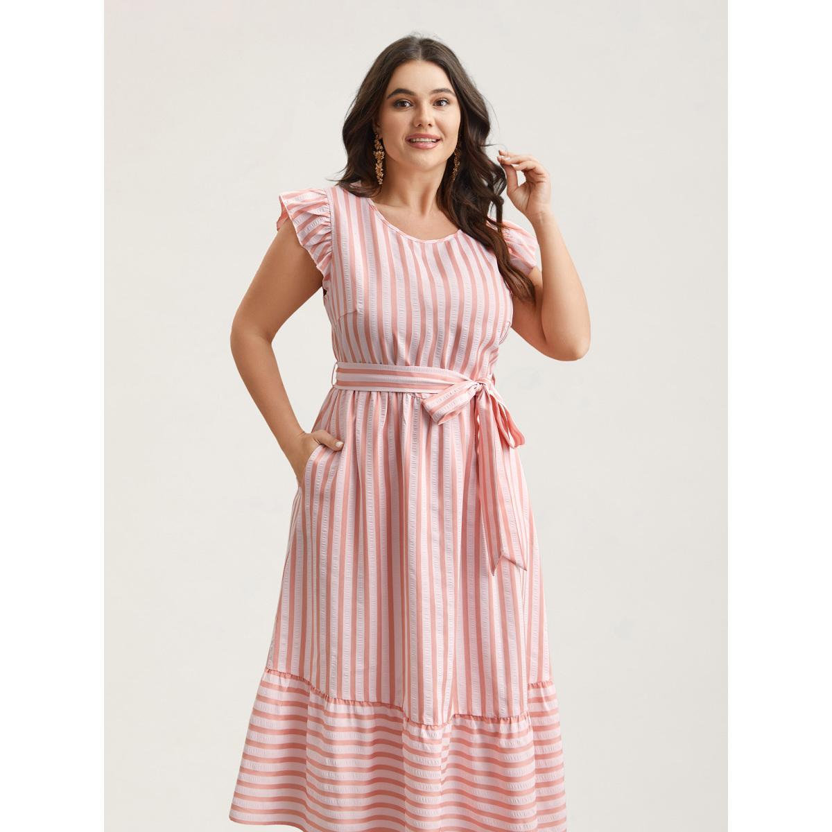 Plus Size Pastel Stripes Belted Pockets Midi Dress Multicolor Women Timeless Belted Round Neck Cap Sleeve Curvy BloomChic 26/4X Product Image