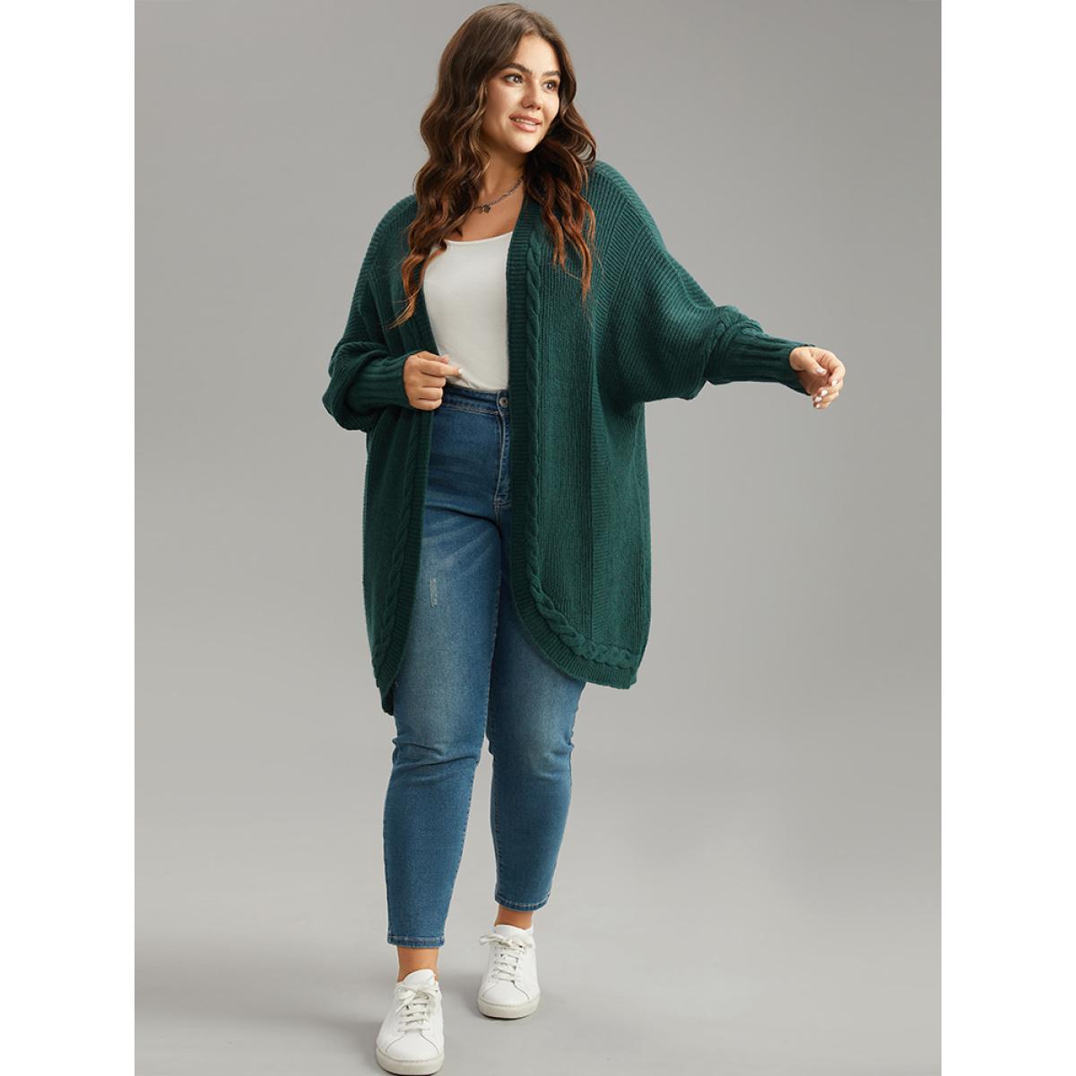 Plus Size Supersoft Essentials Batwing Sleeve Cable Knit Cardigan DarkGreen Women Casual Loose Long Sleeve Dailywear Cardigans BloomChic 30/6X Product Image