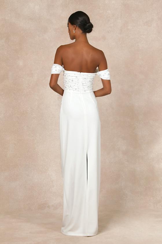 Immensely Charming White Mesh Pearl Bustier Maxi Dress Product Image
