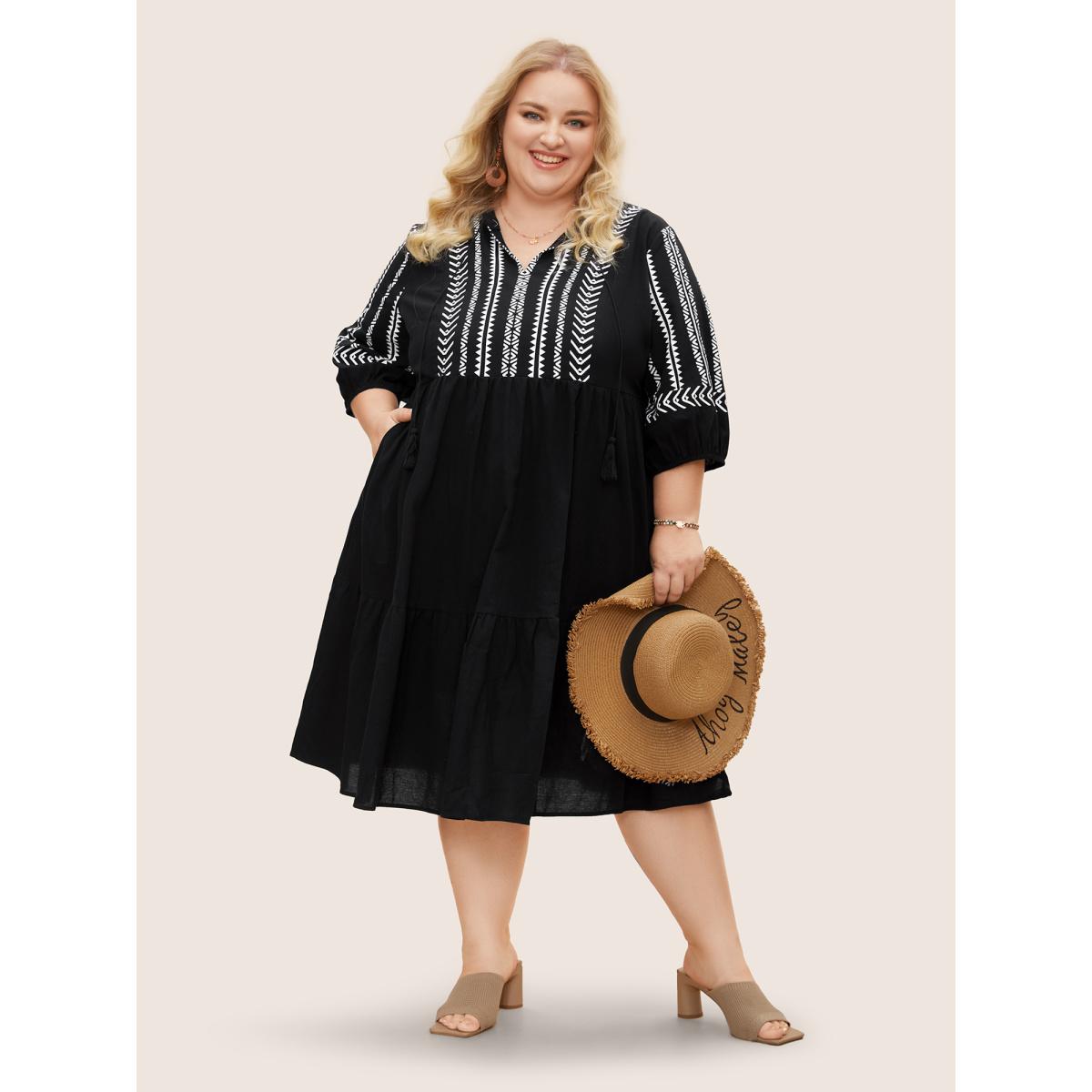 Plus Size Cotton Geometric Bandana Print Tassel Trim Dress Black Women Boho Non V-neck Short sleeve Curvy Knee Dress BloomChic 22-24/3X Product Image