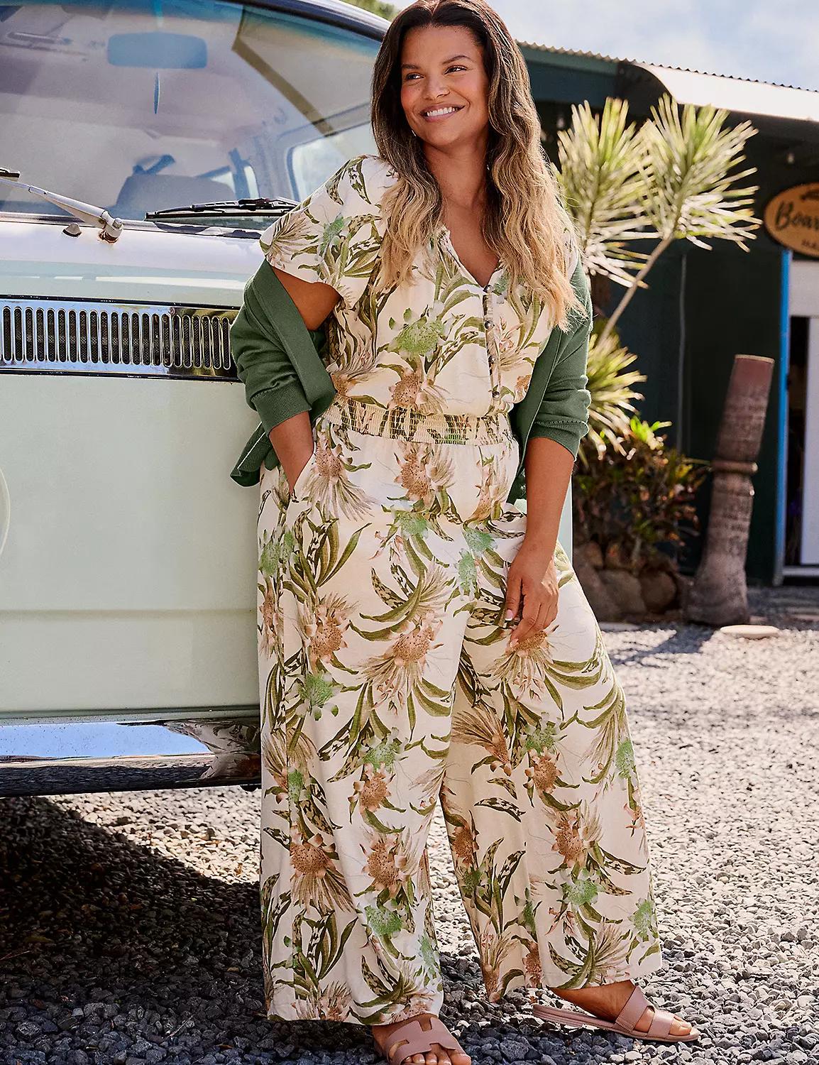 Smocked-Neck Button-Front Jumpsuit Product Image