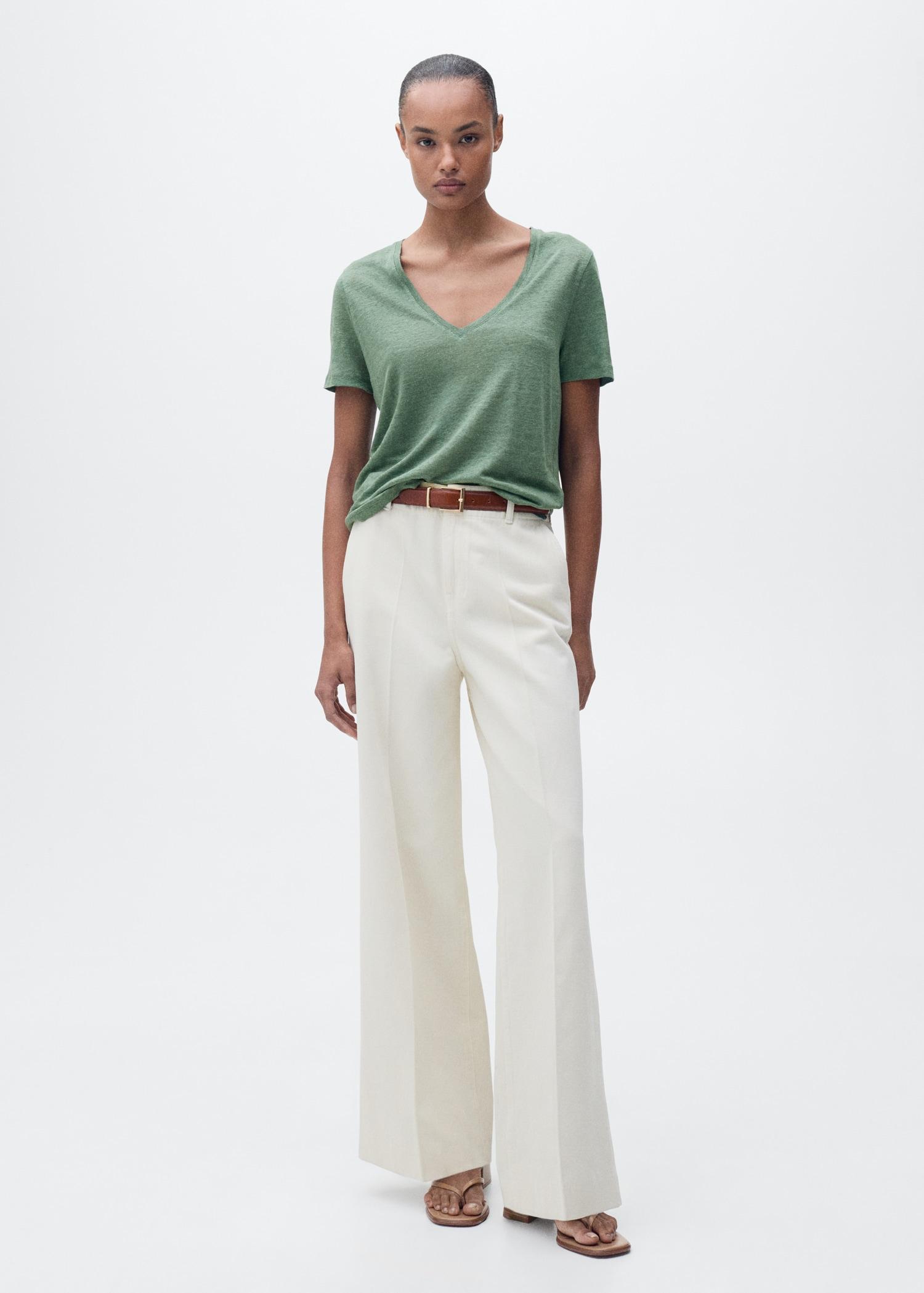 V-neck linen t-shirt - Women | MANGO USA Product Image