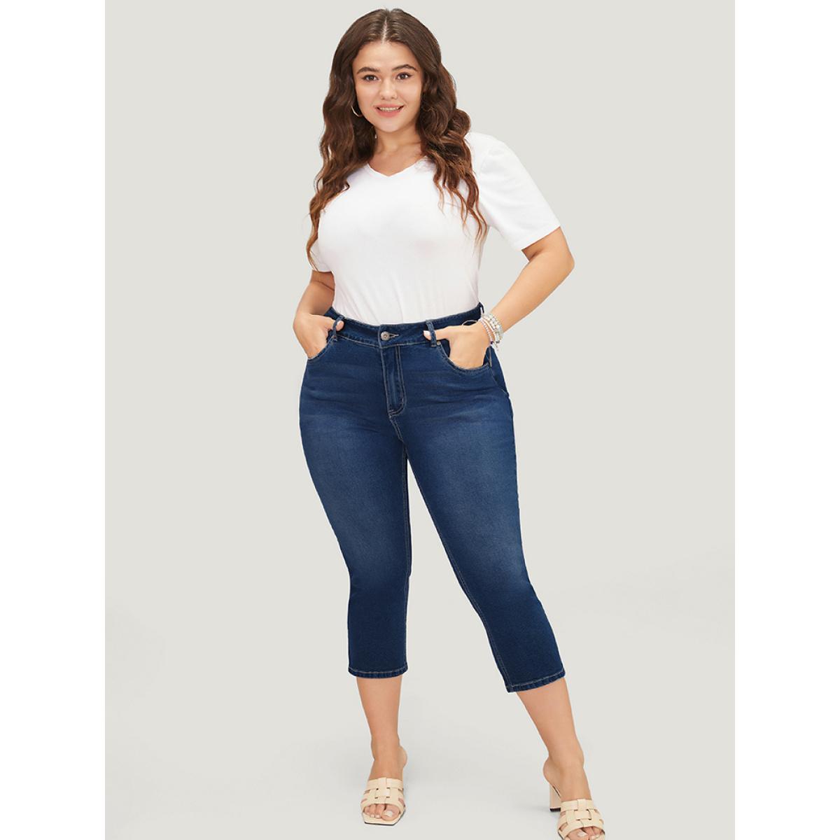 Plus Size Skinny Very Stretchy High Rise Medium Wash Cropped Jeans Women DarkBlue Casual Plain High stretch Side seam pocket Jeans BloomChic 30/6X Product Image