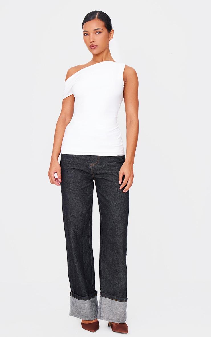 Cream Slinky Asymmetric Ruched Detail Long Top Product Image