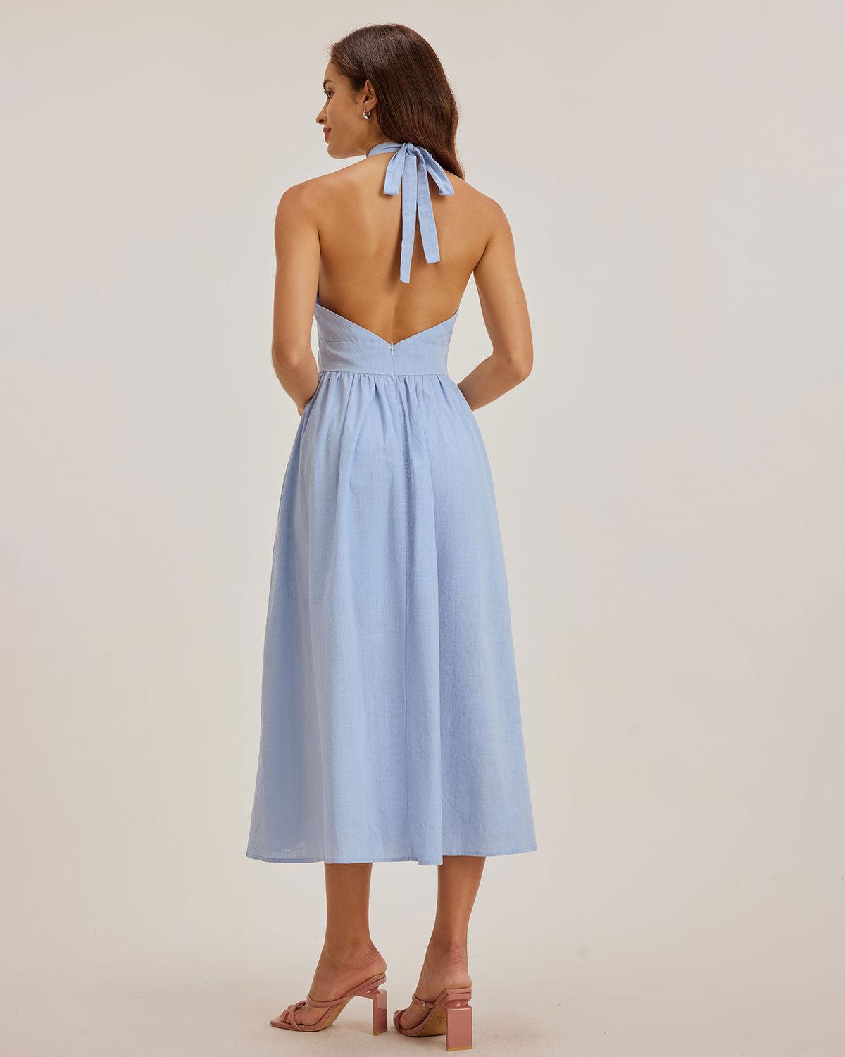 Blue Striped Twist Backless Midi Dress Product Image