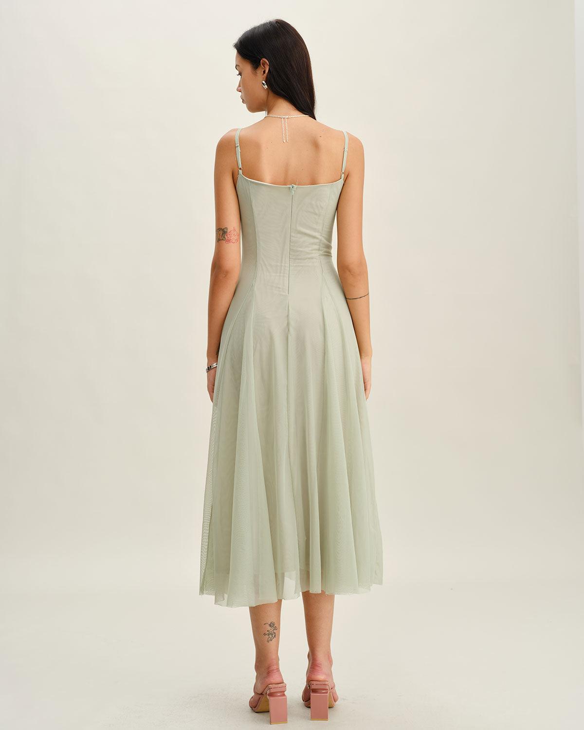 Green A-Line Slip Pleated Midi Dress Product Image