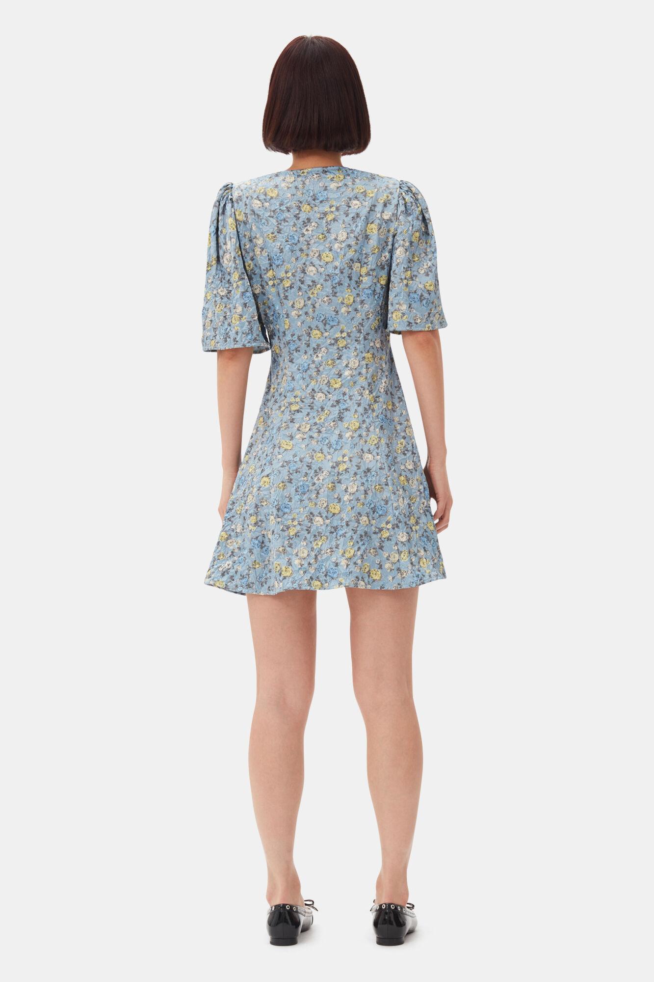 Blue Floral Printed Crinkled Satin Mini Wrap Dress Product Image