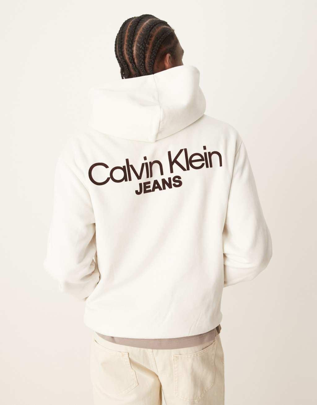 Calvin Klein Jeans logo backprint hoodie in off white - ASOS Exclusive Product Image