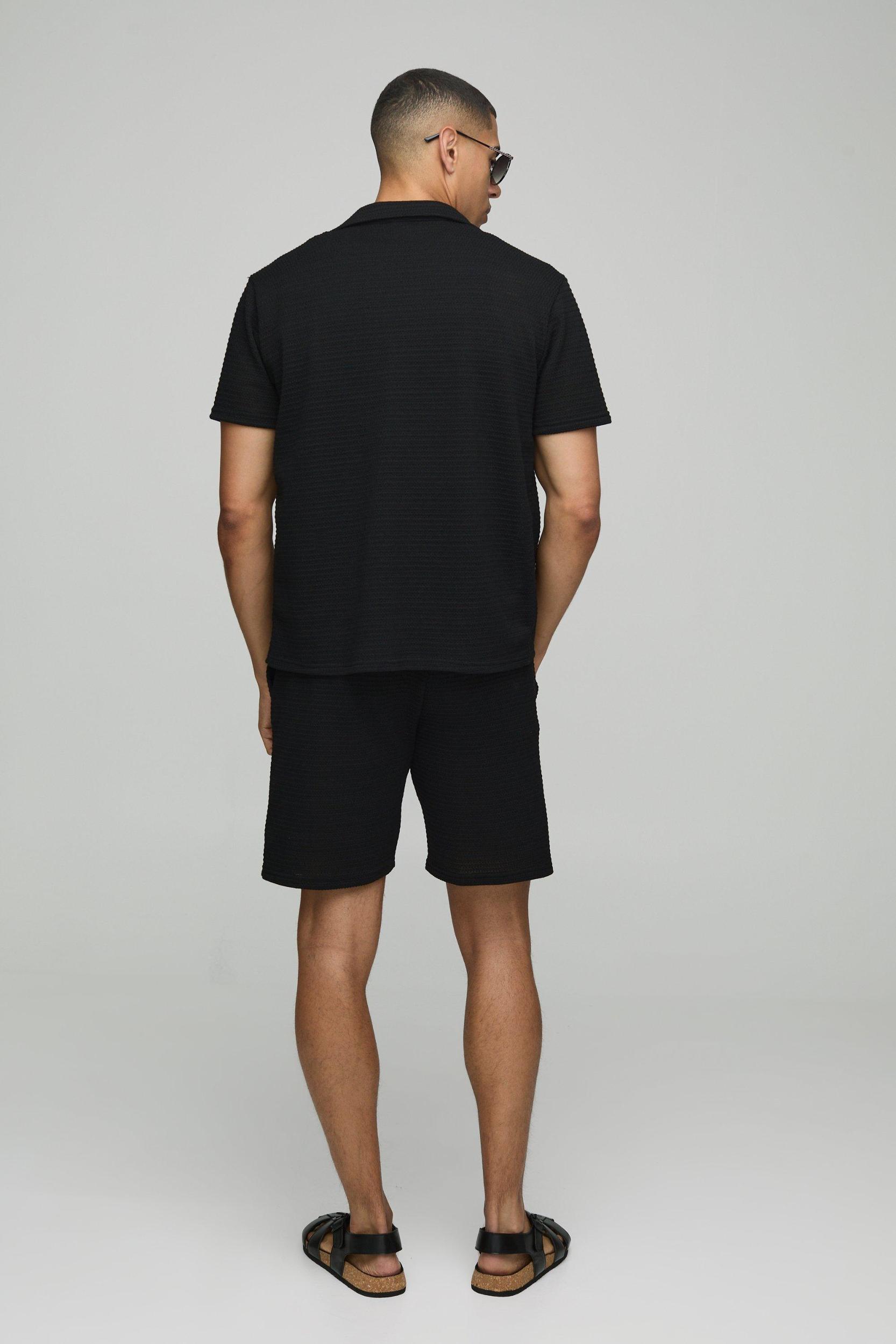 Regular Fit Textured Revere Collar Jersey Shirt and Shorts Set | boohooMAN USA Product Image
