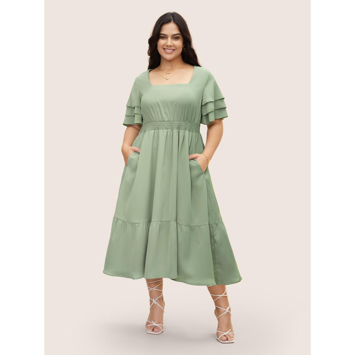 Plus Size Square Neck Shirred Tiered Ruffle Sleeve Dress Palemauve Women Elegant Tiered Square Neck Short sleeve Curvy BloomChic 30/6X Product Image