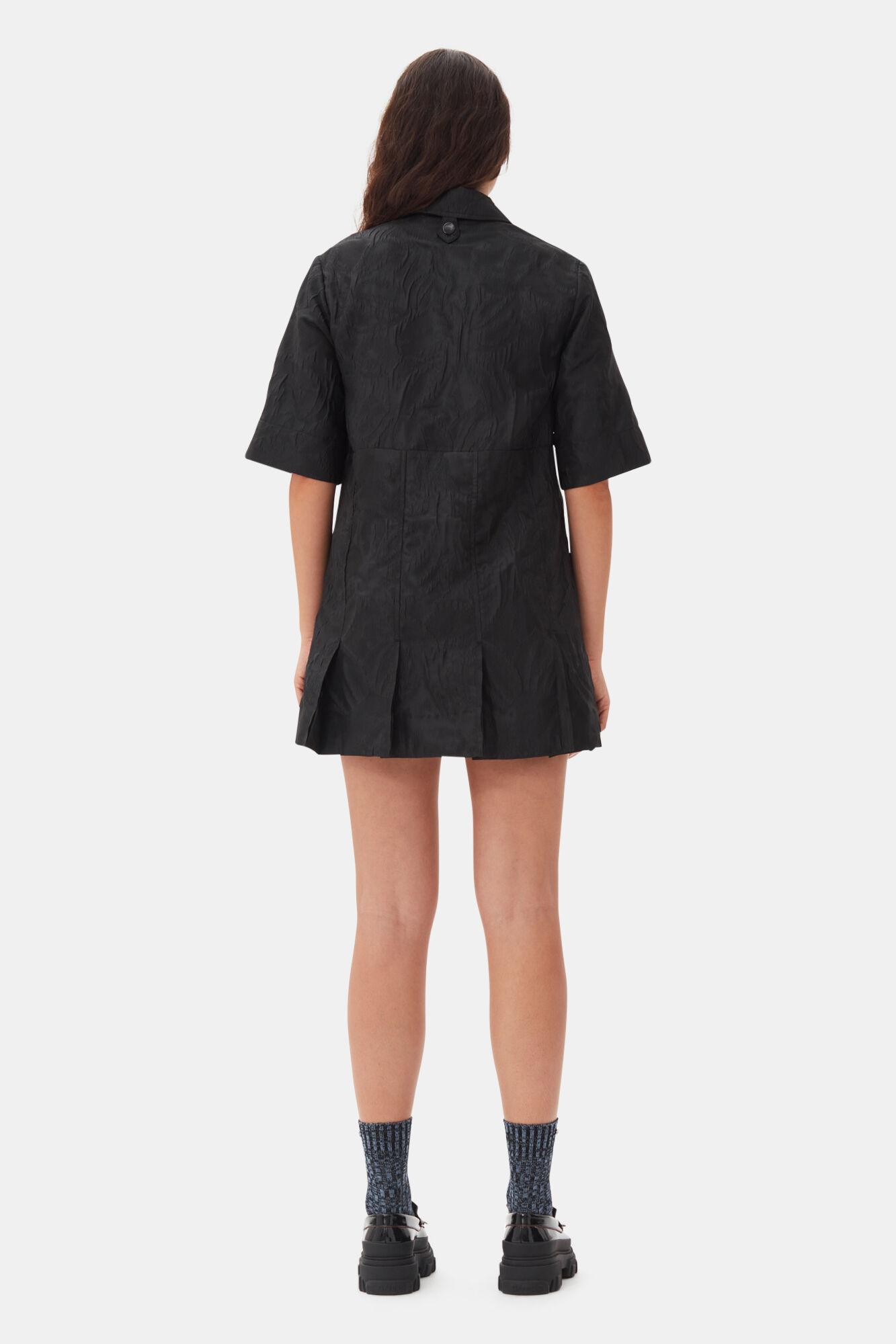 Black Textured Cloque Pleated Mini Dress Product Image