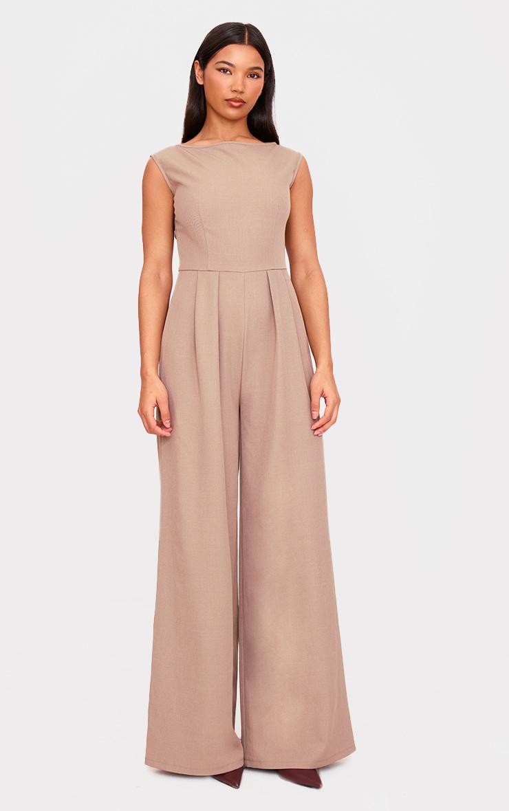 Stone Structured Woven Boat Neck Tailored Straight Leg Jumpsuit Product Image