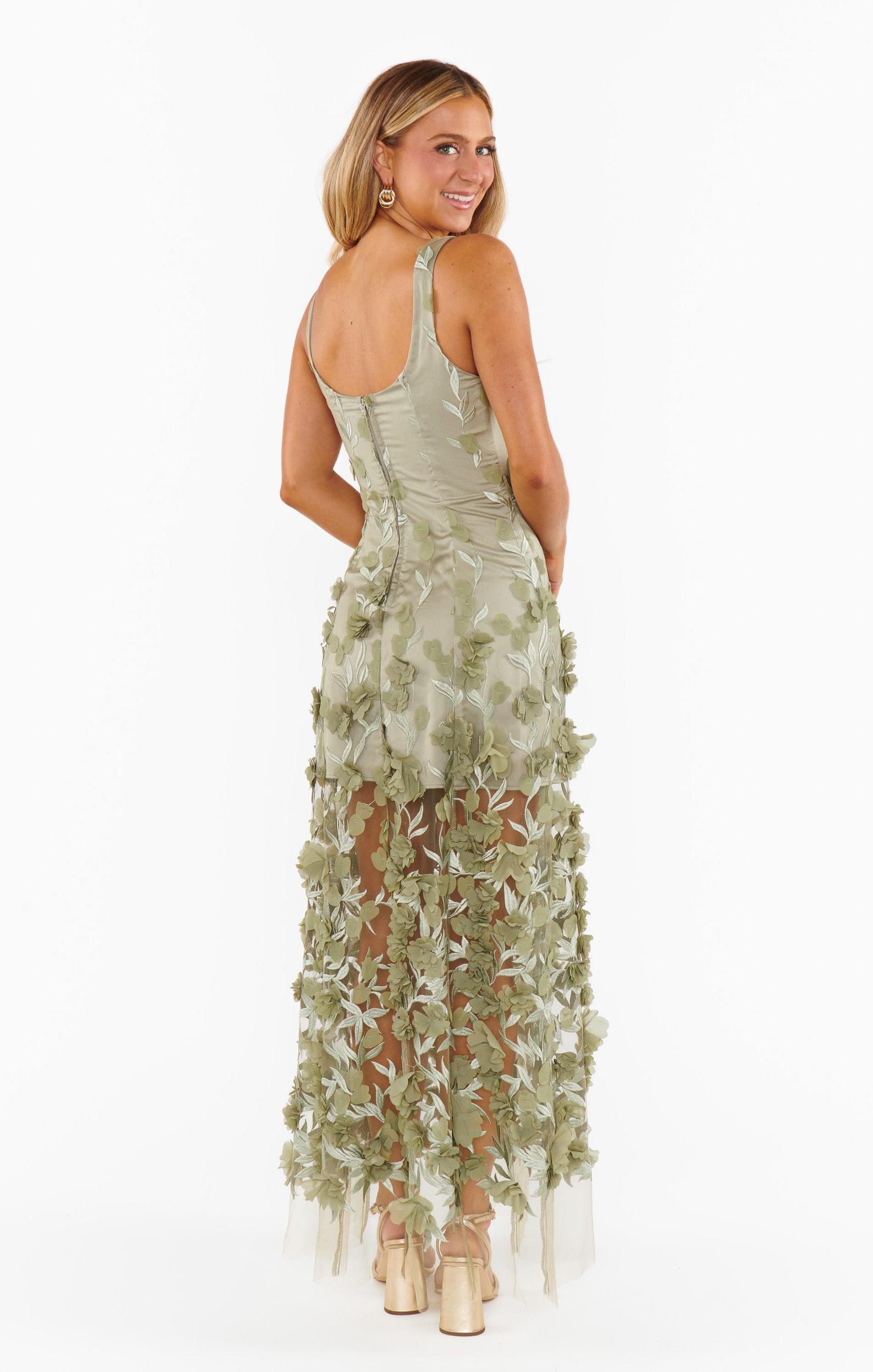 Stephanie Dress ~ Moss Green 3D Floral Product Image