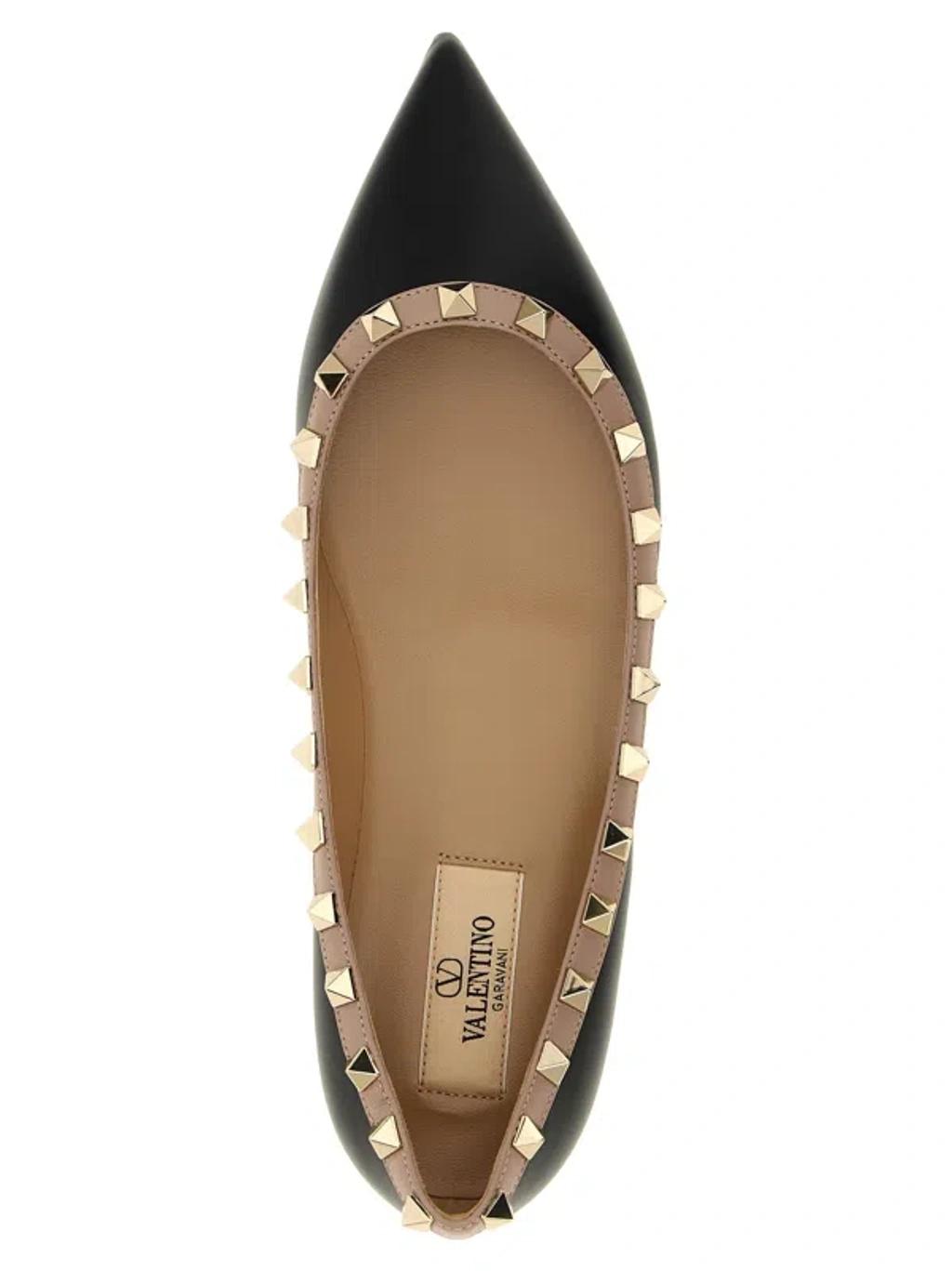 VALENTINO GARAVANI Pointed Toe Studded Trim Flat Sole Ballerina In Black Product Image