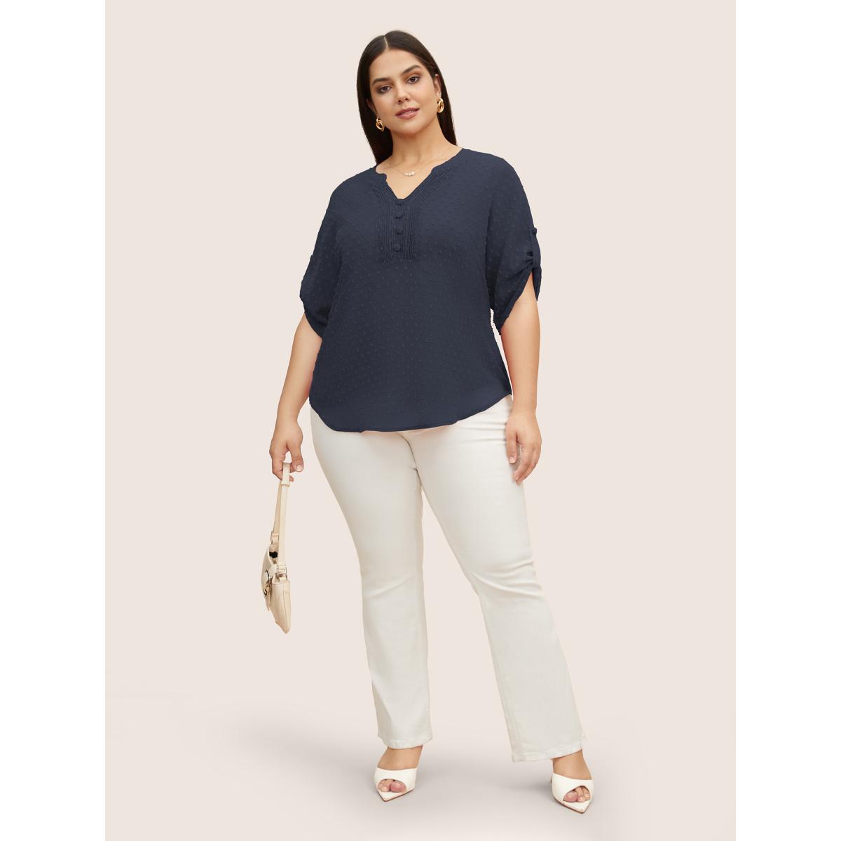 Plus Size Indigo Chiffon Plain Textured Pleated Tab Sleeve Blouse Women At the Office Elbow-length sleeve Shirt collar Work Blouses BloomChic 14-16/1X Product Image